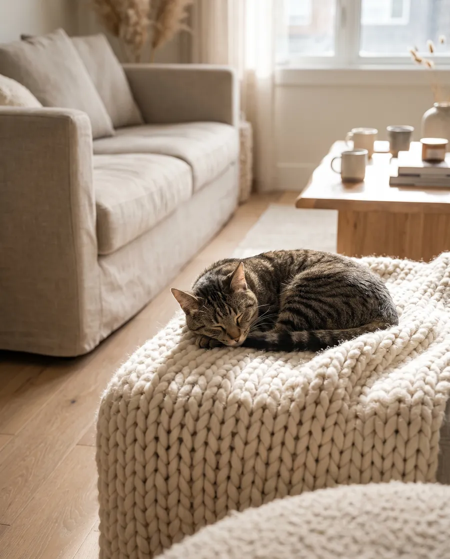 Un chat endormi sur un pouf tricoté, dans un salon clair