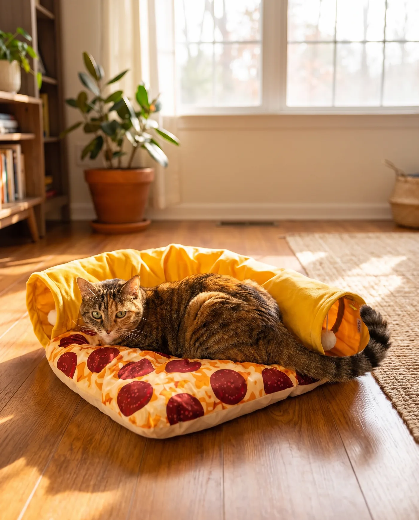 Tunnel-lit pizza pour chat, en situation